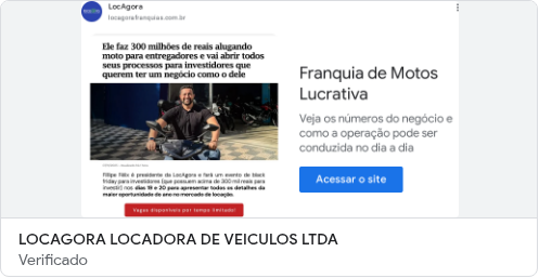 Anúncio Google da LocaGora em formato visual com chamada de franquia de motos lucrativa.