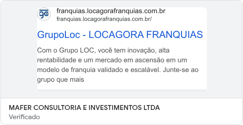 Anúncio Google da LocaGora com título GrupoLoc e chamada para franquias.