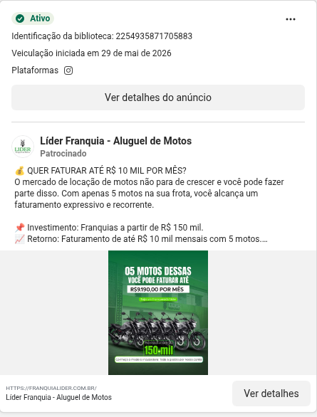 Anúncio Meta da Líder com promessa de faturamento mensal a partir de cinco motos.