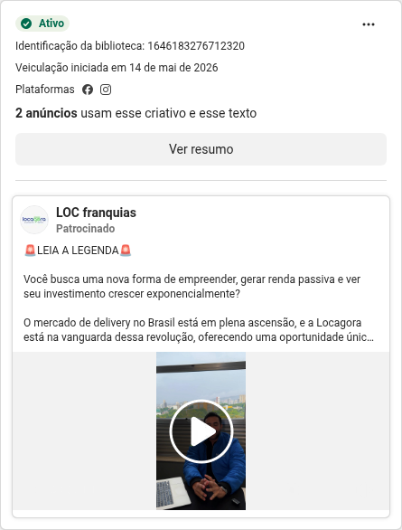 Anúncio Meta da LocaGora com promessa de renda passiva e investimento crescendo exponencialmente.